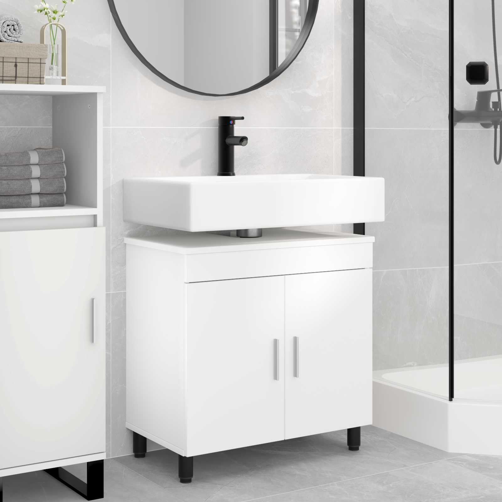 Lavabo in legno bianco, 60 x 35 x 60 cm, con molto spazio, porta reversibile, mensola e mensola per bagno, mobile sottolavabo, mobile da bagno, montaggio a parete, WC degli ospiti