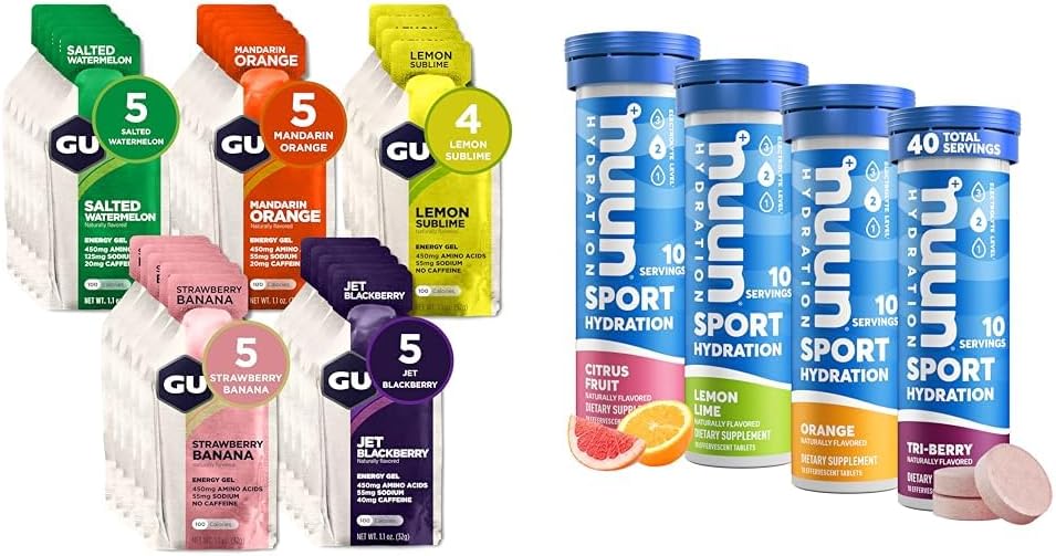 GU Energy Original Sports Nutrition Energy Gel, 24-Count, Assorted Fruity Flavors & Nuun Sport Electrolyte Tablets for Proactive Hydration, Mixed Citrus Berry Flavors, 4 Pack (40 Servings)