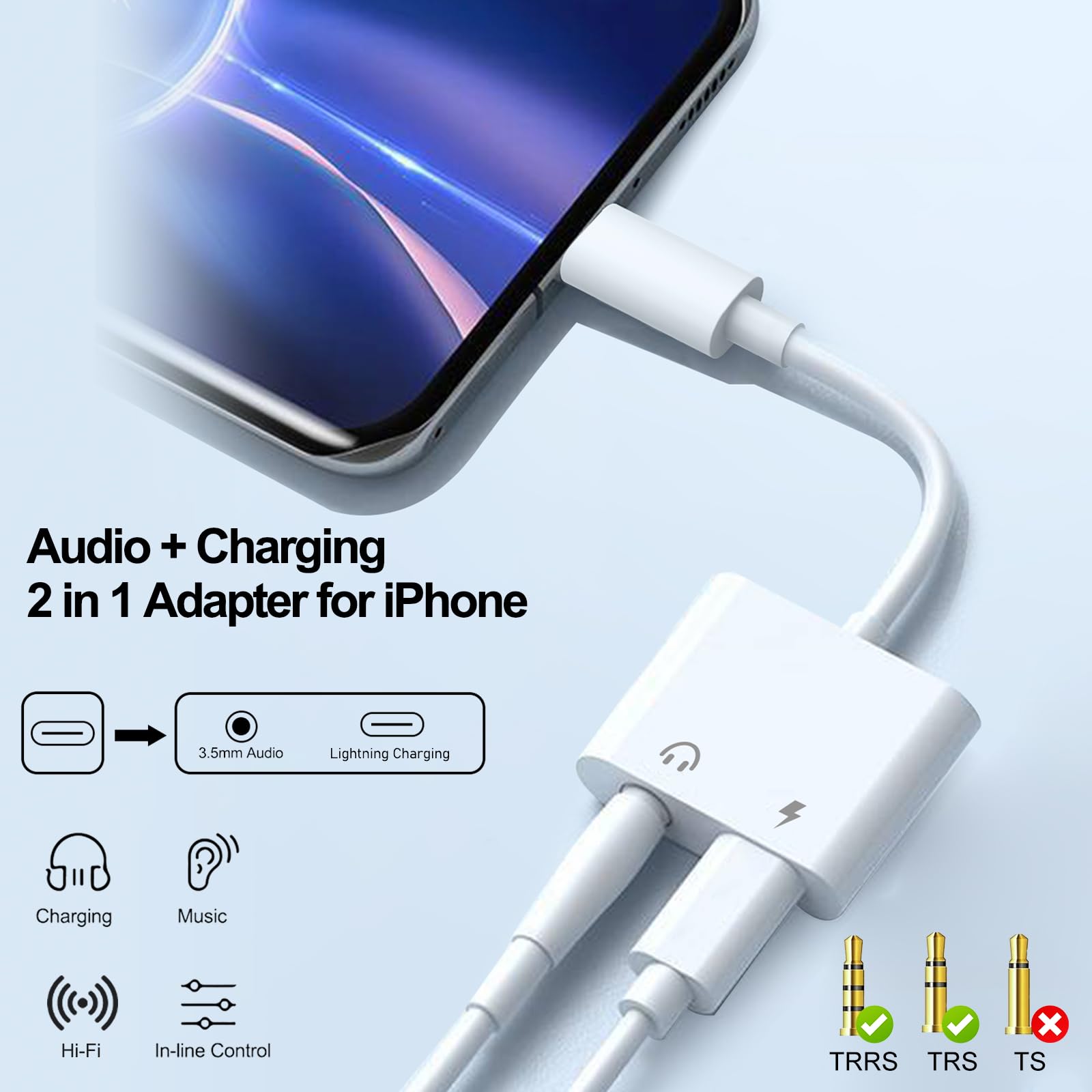 [Certyfikat Apple Mfi] Adapter Lightning do Gniazda Słuchawkowego 3,5mm Z Funkcją ładowania, 2 W 1 Adapter Słuchawkowy, Konwerter Słuchawkowy Kompatybilny Z iPhone'em 14-11/Xs/Xr/X 8/iPadem