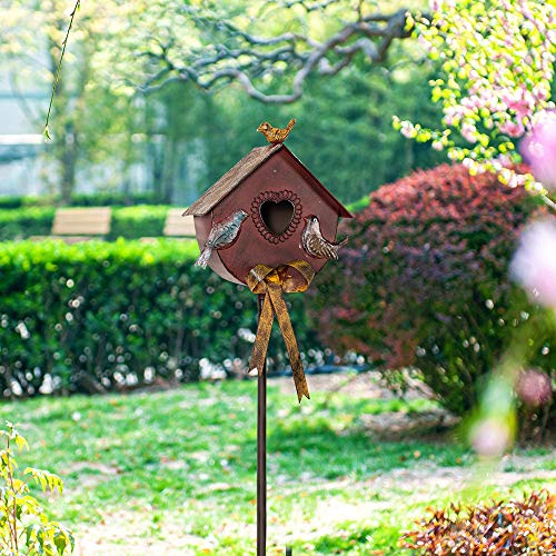 MOCOME 55\" Outdoor Bird House Stake with Pole, Rococo Birdhouse Stand with Bowknot, Antique Decorative Garden Stake, Metal Bird Houses for Outside(Claret, Oval Shape)