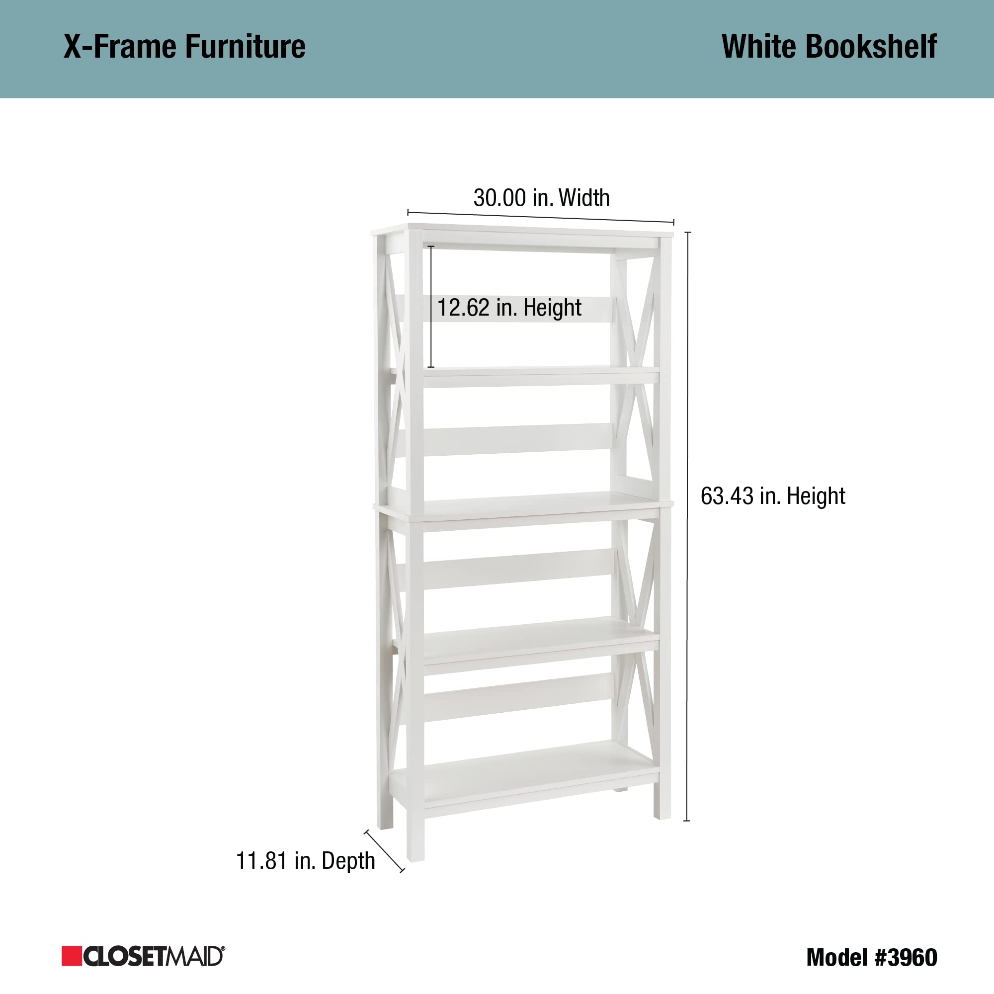 ClosetMaid 3960 X-Frame Design - Estantería o estantería de 5 estantes, madera blanca