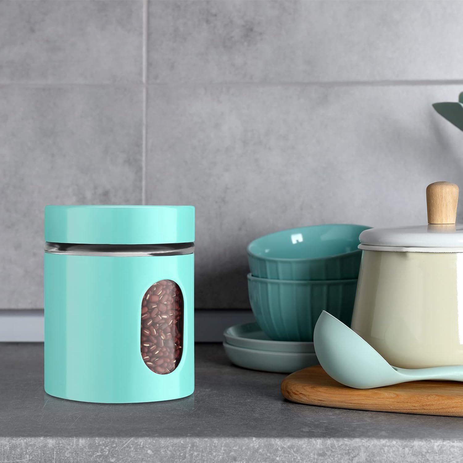 6 Pack Kitchen Canisters Set 20 oz Airtight Stainless Steel Canister Food Storage Container with Window Glass, Coffee Sugar Candy Jars Tea Organizer for Flour Cookies Spices Grains Kitchen(Turquoise)