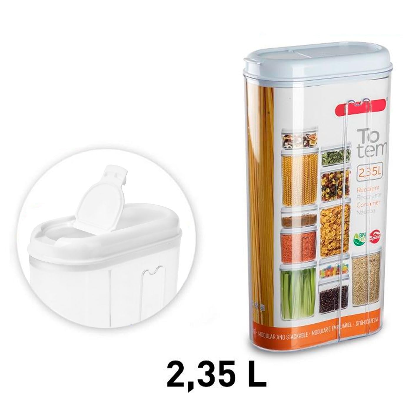 Acan Tradineur - Pack de 6 recipientes Reutilizables de plástico con Tapa, Modelo Totem, Bote, almacenaje, Pasta, Cereales, Fabricado en España (Tapa Blanca - 2,35 litros - 29,5 x 15,5 x 7,7 cm)