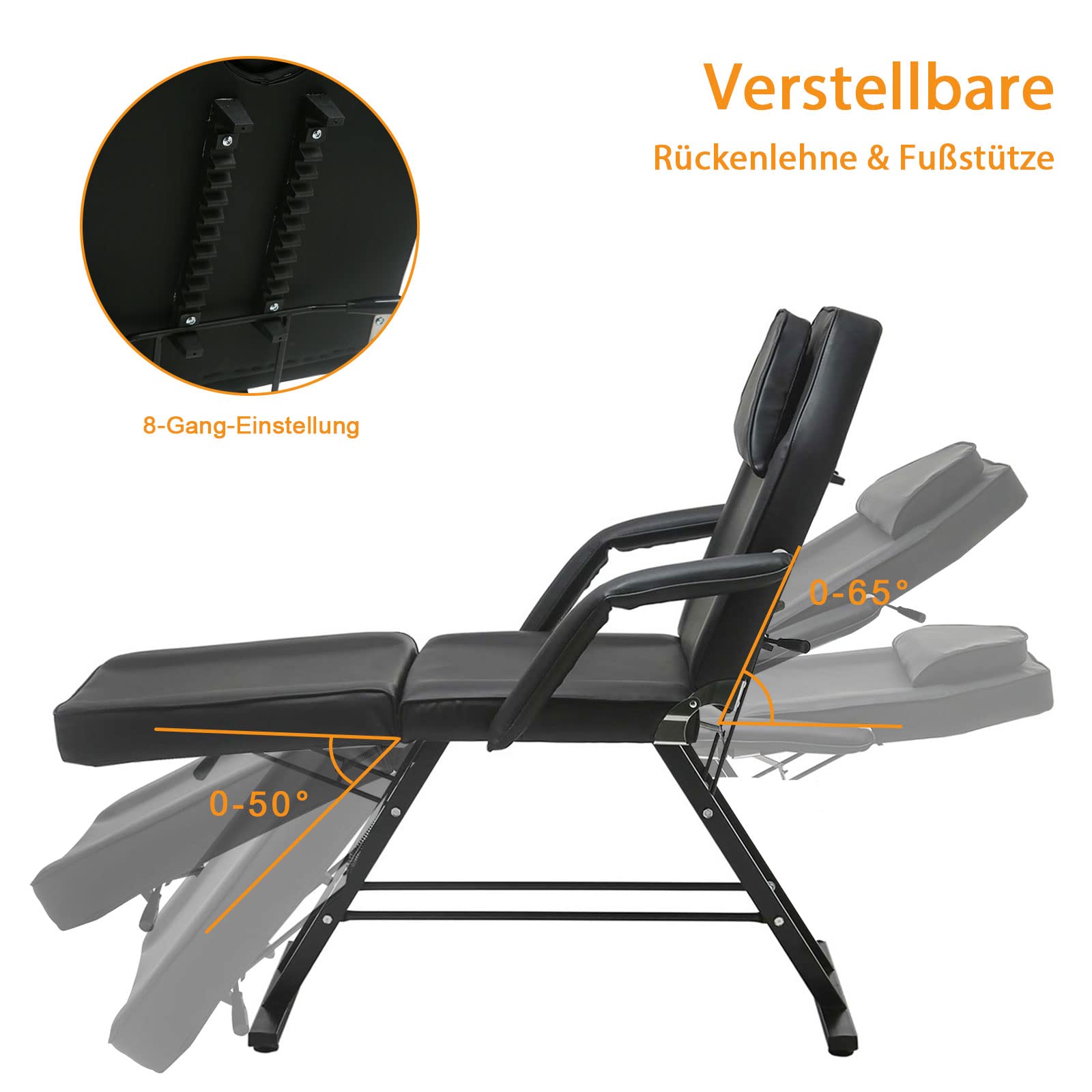KEEPREAPER Massageliege Kosmetikliege klappbar & höhenverstellbar 3 Zonen mit Kosmetikhocker 78cm Breit Massagebett aus PU-Leder belastbar bis 270kg, Schwarz