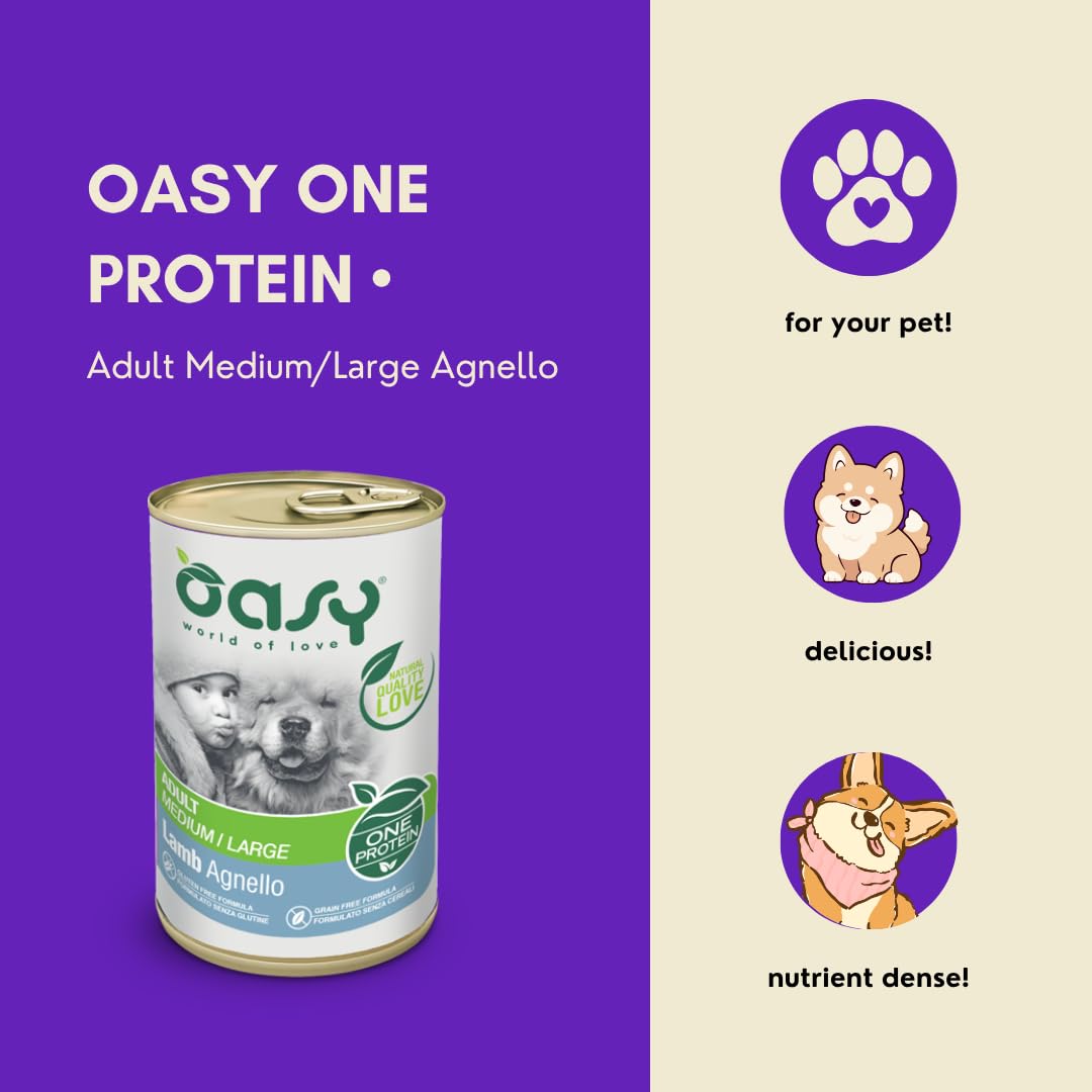OASY Cane ONE PROTEIN • Adult Medium/Large Agnello | alimento umido completo per cani adulti di taglia media e grande, monoproteico, 6 lattine da 400 grammi.