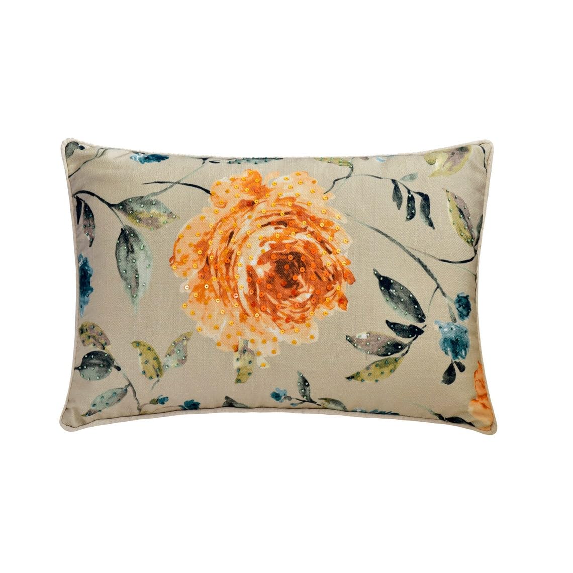 The HomeCentric Decorative Lumbar Cushion Covers Orange 30x45 cm (12"x18") Cotton Rose, Sequins, Hand Embrodiery, Printed Cushion Cover For Sofa, Floral Contemporary - Citrus Rose — image 1