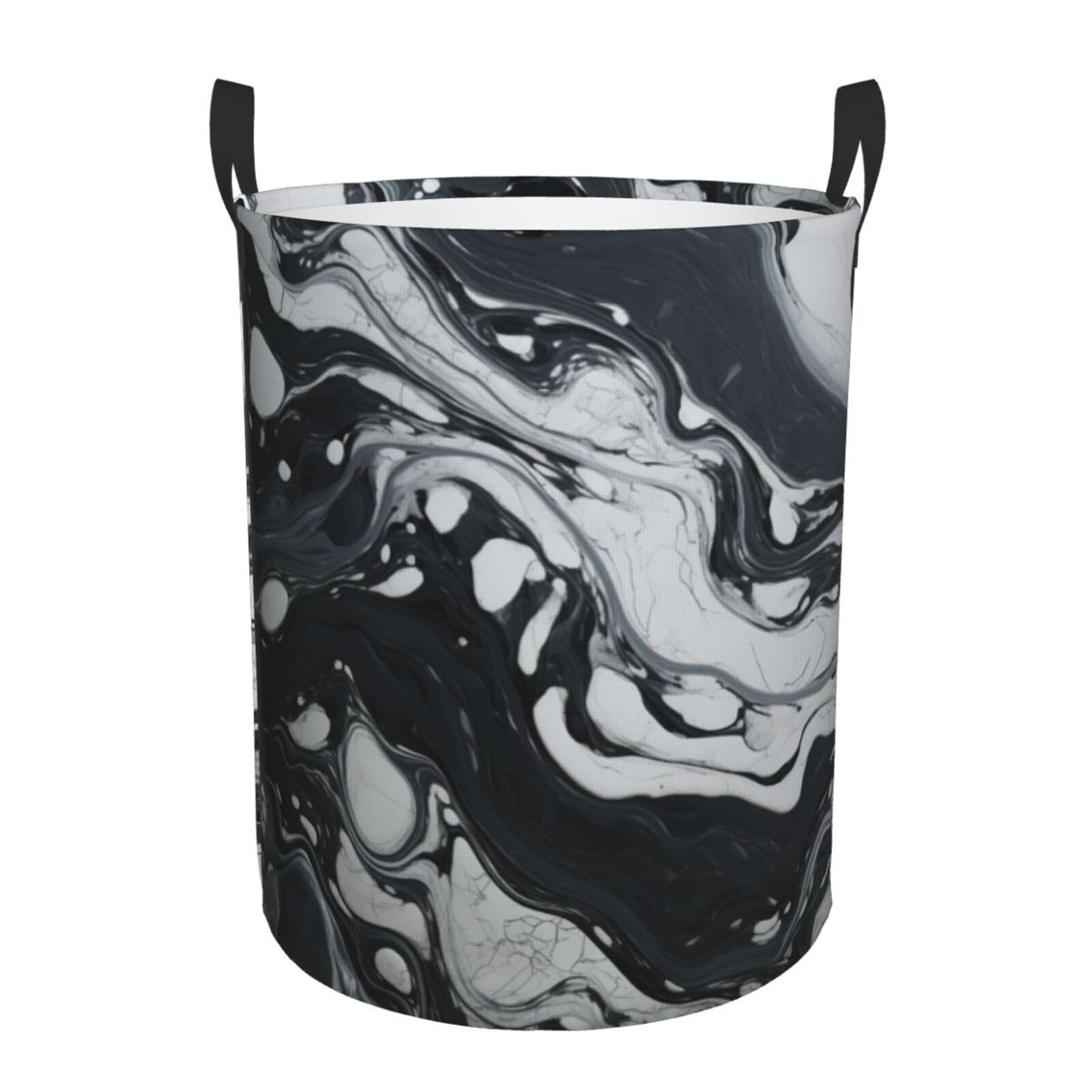 M Collapsible Laundry Hamper Round Black White Marble Print Storage