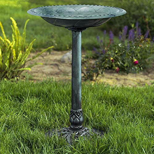 Westcharm 28 Inch Lightweight Verdigris Green Poly Resin Outdoor Birdbath for Outside with Decoration Pedestal Base Stand - Pedestal Bird Bath for Outdoors Yard and Garden
