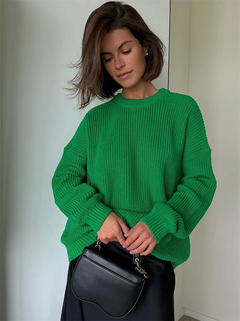 Damski sweter z dzianiny oversize z długim rękawem okrągły dekolt luźne grube swetry pulowery