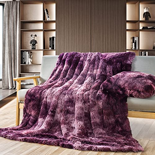 Gonaap Faux Fur Throw Blanket And Decorative Pillowcase 2 Pieces, Both In Tie-Dye Violet Purple Color, Throw Blanket Size 50X60 Inch, Throw Pillow Case Size 18X18 Inch, 2 Item Bundle #TOP5