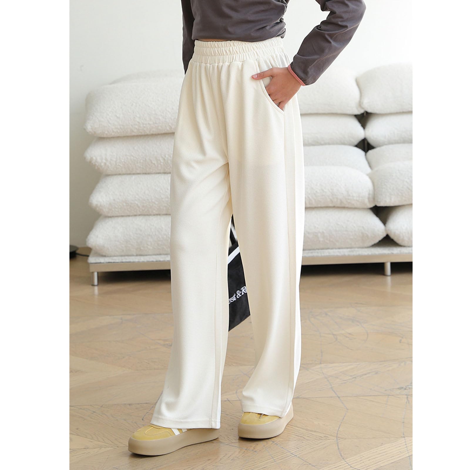 Pantalones deportivos de pierna ancha para niña, holgados, rectos, holgados, de cintura alta, pantalones deportivos casuales para niños con bolsillos, 6-14 años