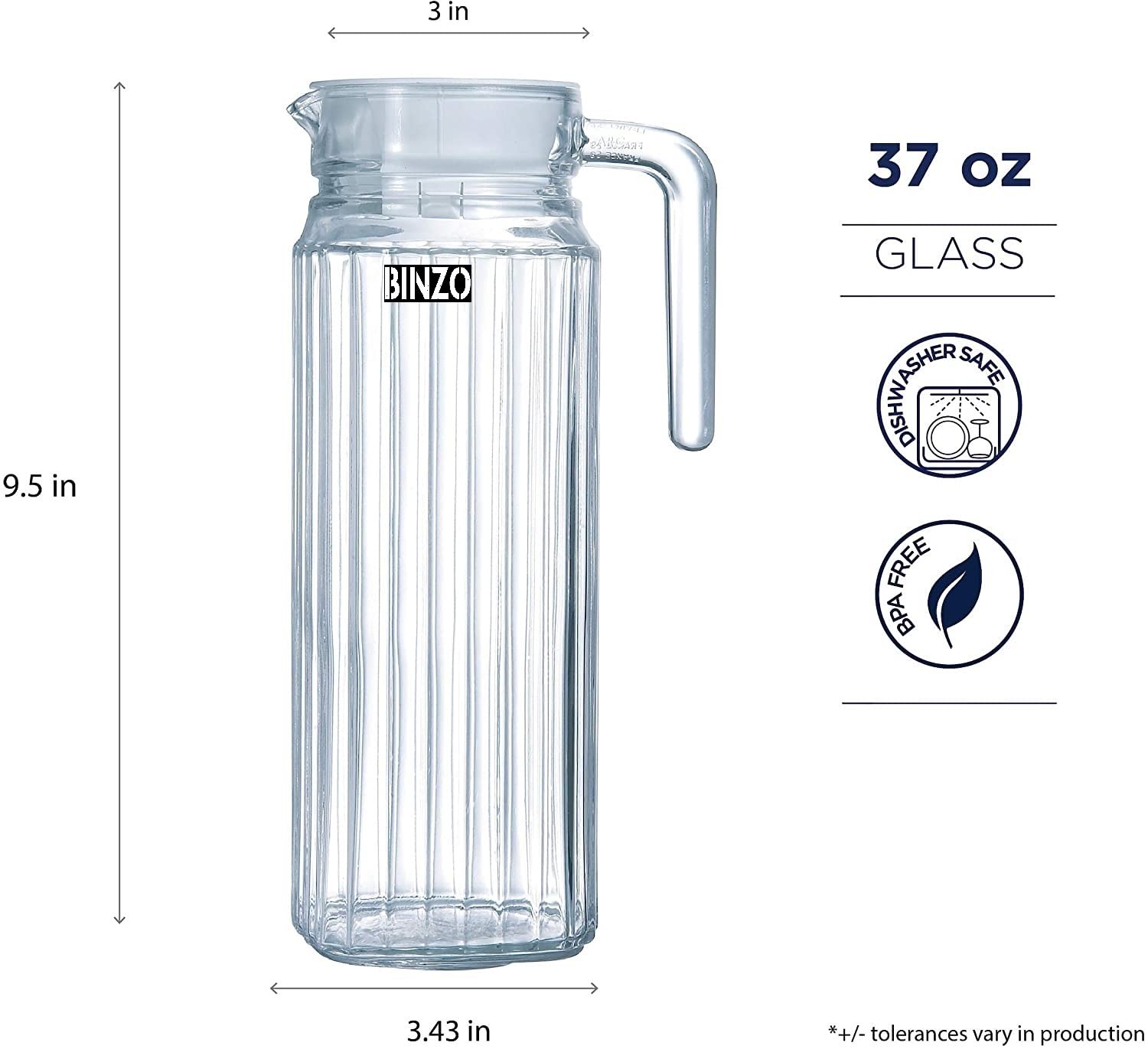 BINZO Glass Jug, Pitcher with Handle & Lid, Drinking Beverage Jug for Water, Juice, Beverages, Serving or Storage for Fridge, Kitchen, Dining Table, 1 Litre/1000 ml (Style No. 1 Pack of 1) Clear 1