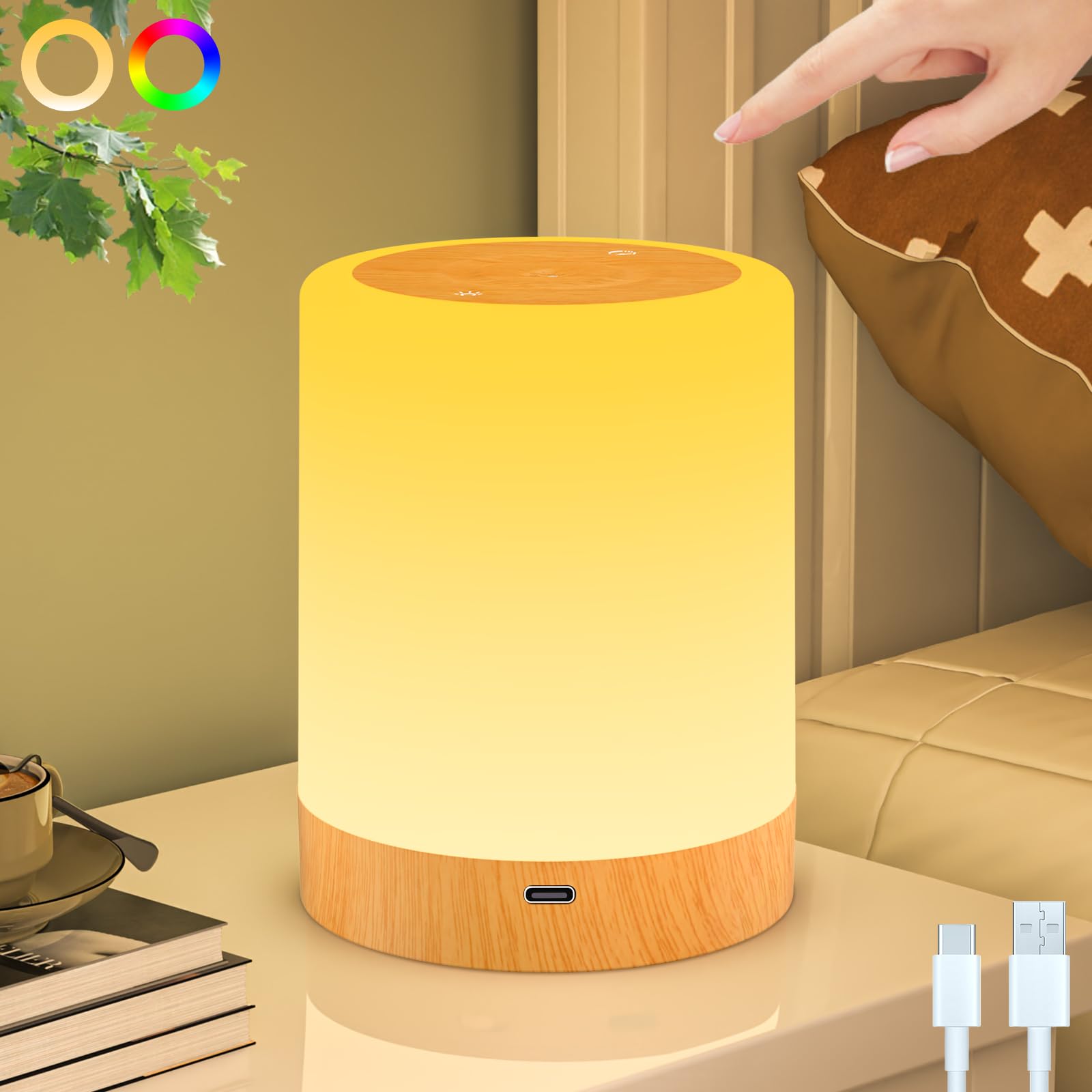 GIACOMO Lamparas de Mesita de Noche Táctil, 256 RGB Regulable Luz Nocturna Infantil, USB Recargable, Lámpara Mesa LED de Cabecera con Temporizador, Función Memoria, Adecuado para niños, bebés, adultos