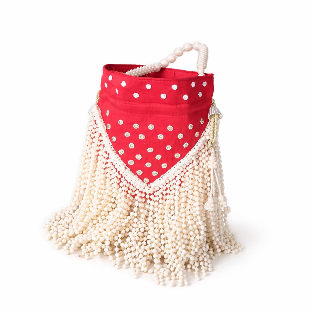Premium Pearl Embellished Potli Bag for Women, Red, Silk Blend, Heavy Pearl Tassels, Bridal Wedding Festive Handbag-image-17