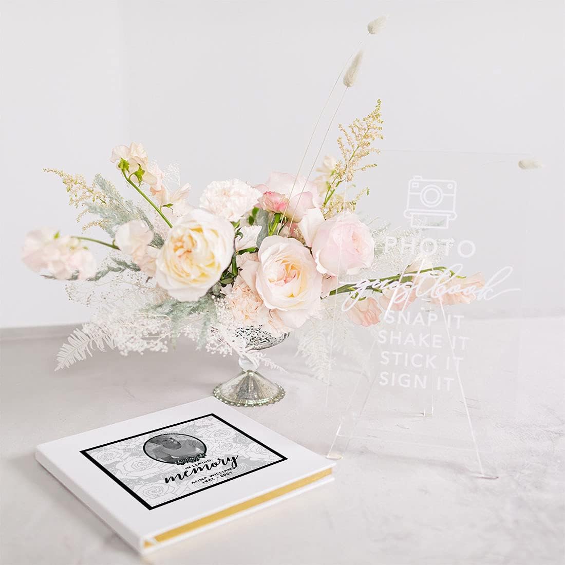 Andaz Press Personalized Memorial Guestbook with Gold Accents, in Loving Memory, Oval Custom Photo Frame White Guest Sign in Registry 120 Pages 8.5 X 8.5 Memories Book for DIY, Scrapbook, Photo Album