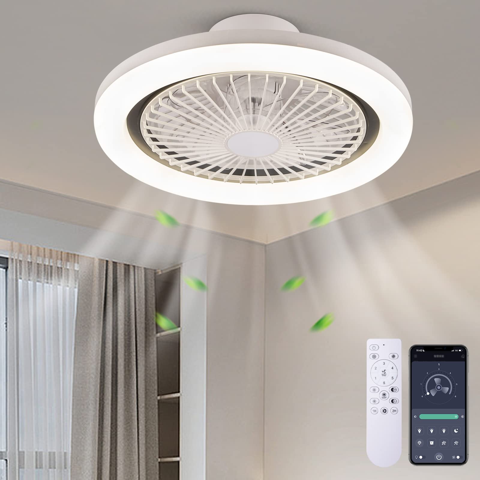 Photo 1 of **FOR PARTS ONLY** Siljoy Ceiling Fans with Lights 20" Low Profile Ceiling Fan with Light and Remote Dimmable LED Bladeless Ceiling Fan with 6 Wind Speeds Smart 