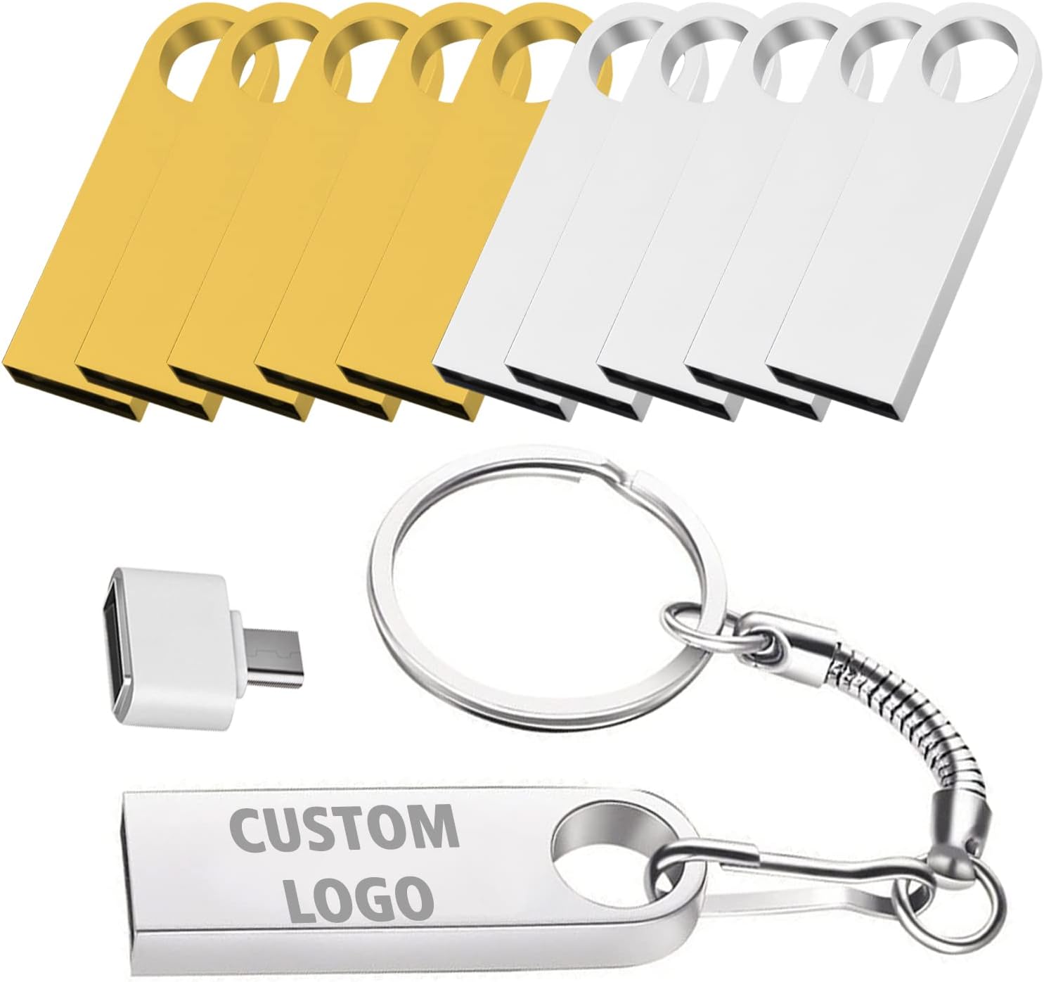 Custom Logo USB 2.0 Flash Drive Bulk Personalized USB Thumb Drive with Keychain and USB C Adapter Engraved Free Metal Pen Drive - as Promotional Gift 50 Pack Wholesale(4GB,25PCS Silver+25PCS Gold)