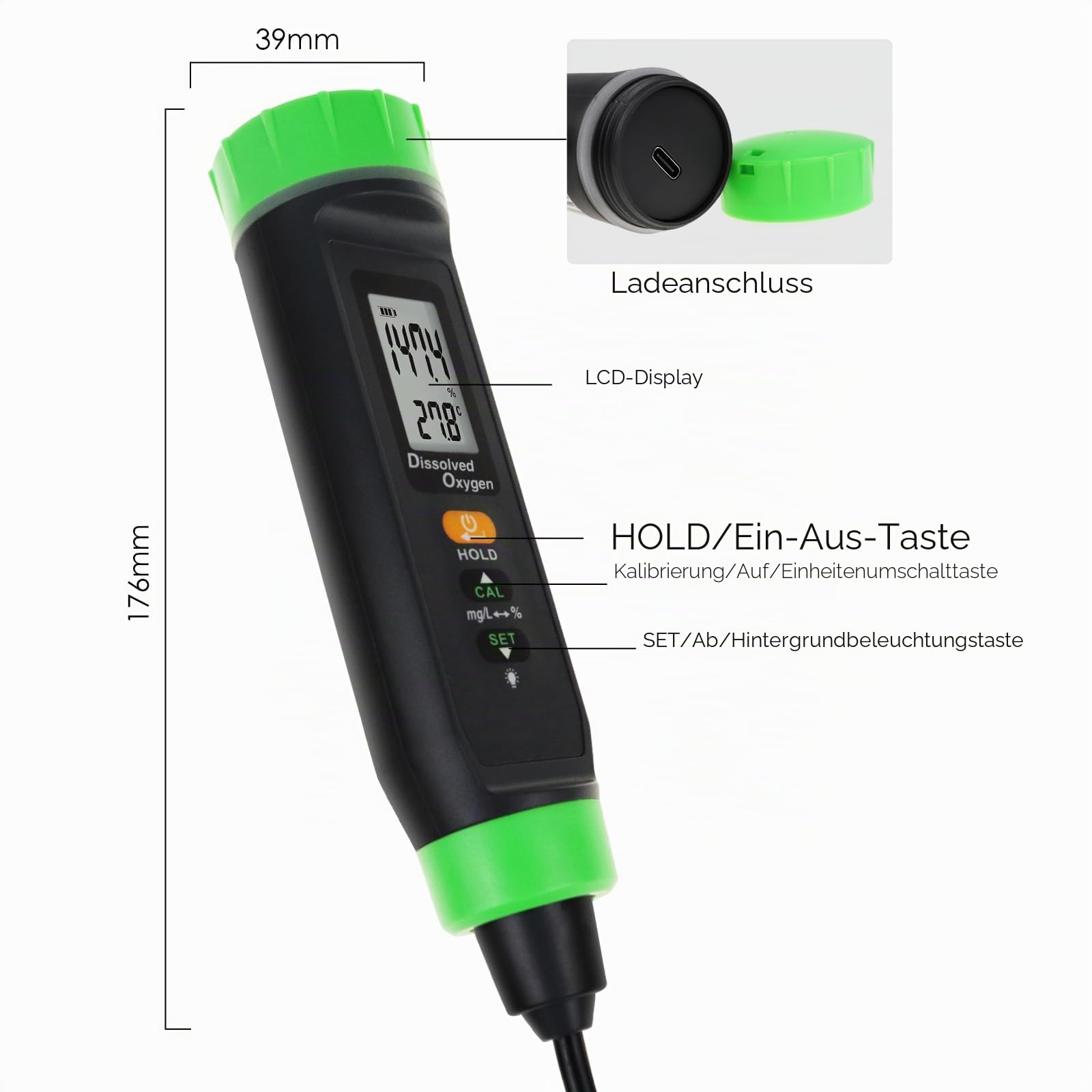 Digital Aufgelöst Sauerstoff Stifttyp Lang Kabel DO Meter ATC Wasser Qualität Prüfer mit Selbst Schwebend Sonde Lang Kabel Elektrode Und Niedrig Batterie Indikator