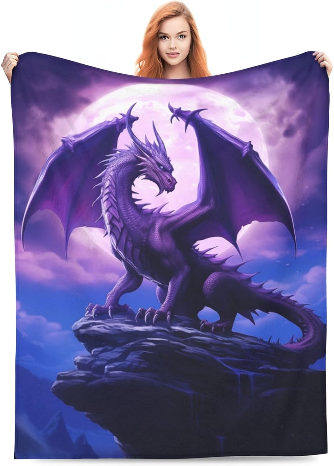 Fantasy Purple Dragon Blanket Gifts for Adults Boys Moon Cliff Flannel Throw Blankets Soft Comfy Lightweight for Home Decor Couch Bed Sofa 60x50 Inches
