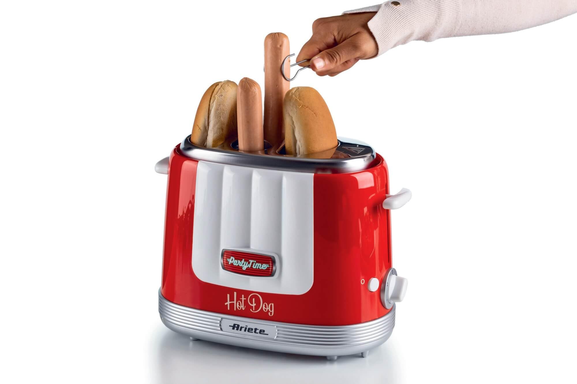 Ariete Hot Dog Maker Party Time 206, Hot Dog-Maschine mit 4 Garräumen, 5 Garstufen, Automatischer Auswurf, Hot Dog Toaster, 650W, Rot
