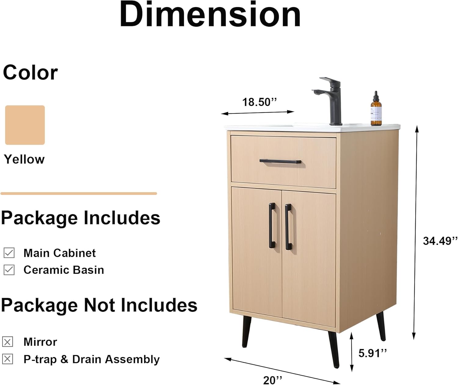 20-inch Solid Wood Bathroom Vanity with Sink, Warm Yellow Color for Free Standing Cabinet, Storage Rack and Drawer for Soft Closing Door