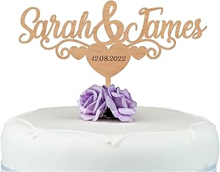 Personalised Wooden Love Heart Wedding Cake Topper - Rustic Wooden Wedding Anniversary Engagement Cake Topper Keepsake - Made from Cherry or MDF Wood - ANY TWO NAMES Cake Decoration