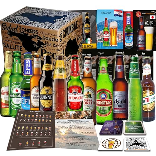 12x BIERE DER WELT,Geschenkidee für Geburtstag, Geschenkkarton + Tasting Anleitung + 12 x Produktinformation + 4 Bierdeckel Geschenk für Mann Geburtstag