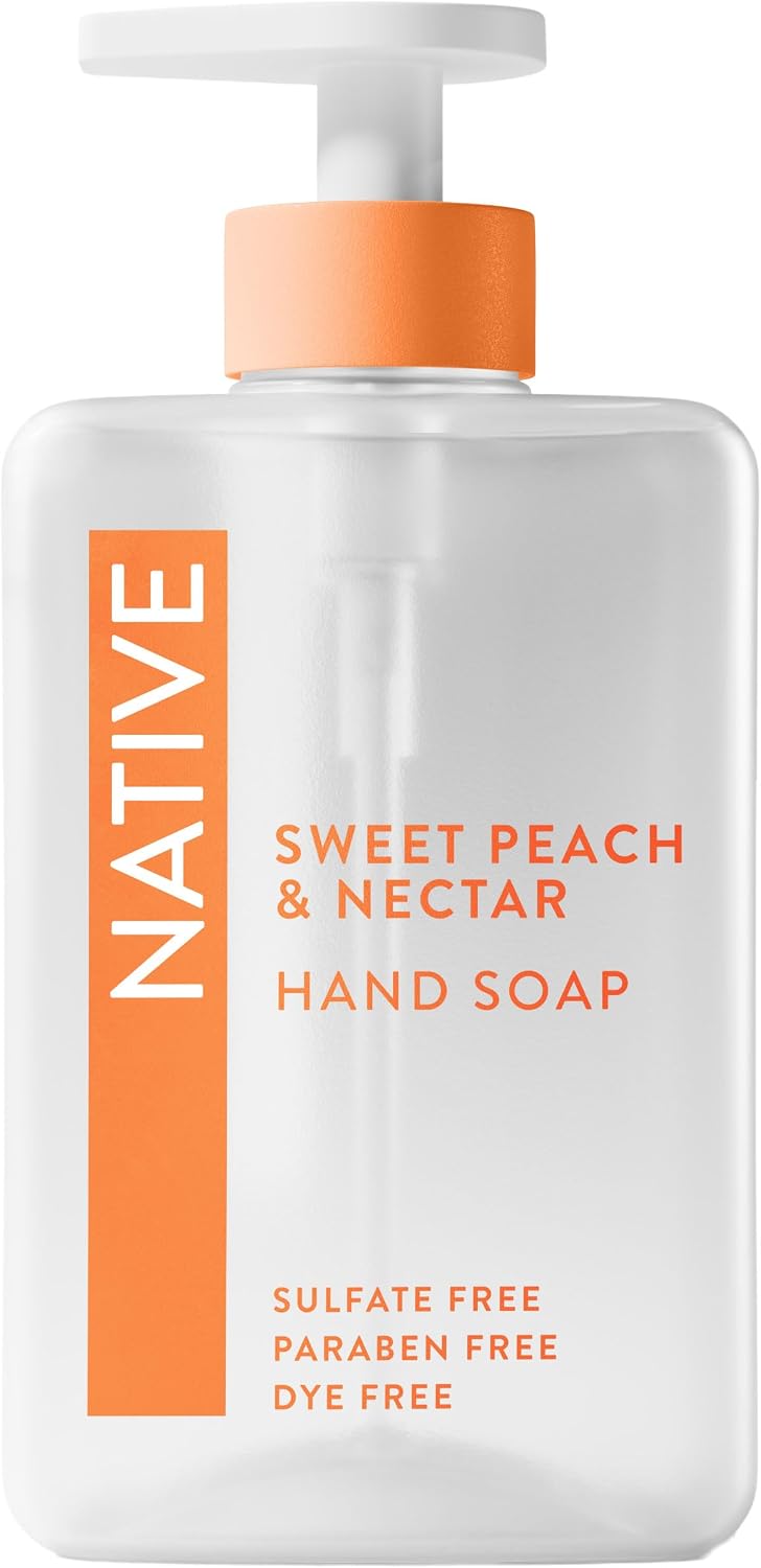 Native Liquid Hand Soap, Sweet Peach & Nectar Scent, Non-Drying Formula for Soft, Smooth Hands, Made with Plant-Based Cleansers, Sulfate & Paraben Free, 13 oz Bottle