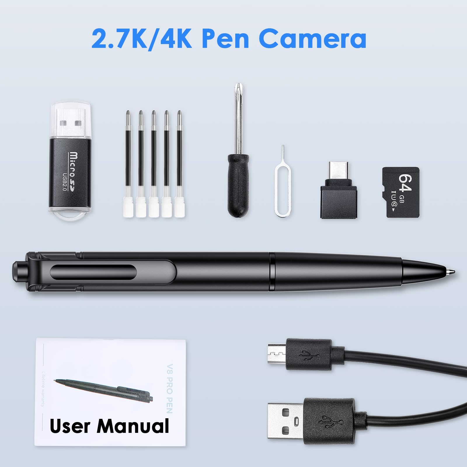 Cámara de seguridad pequeña de 2.7K, bolígrafo portátil de 64 GB (negro brillante)