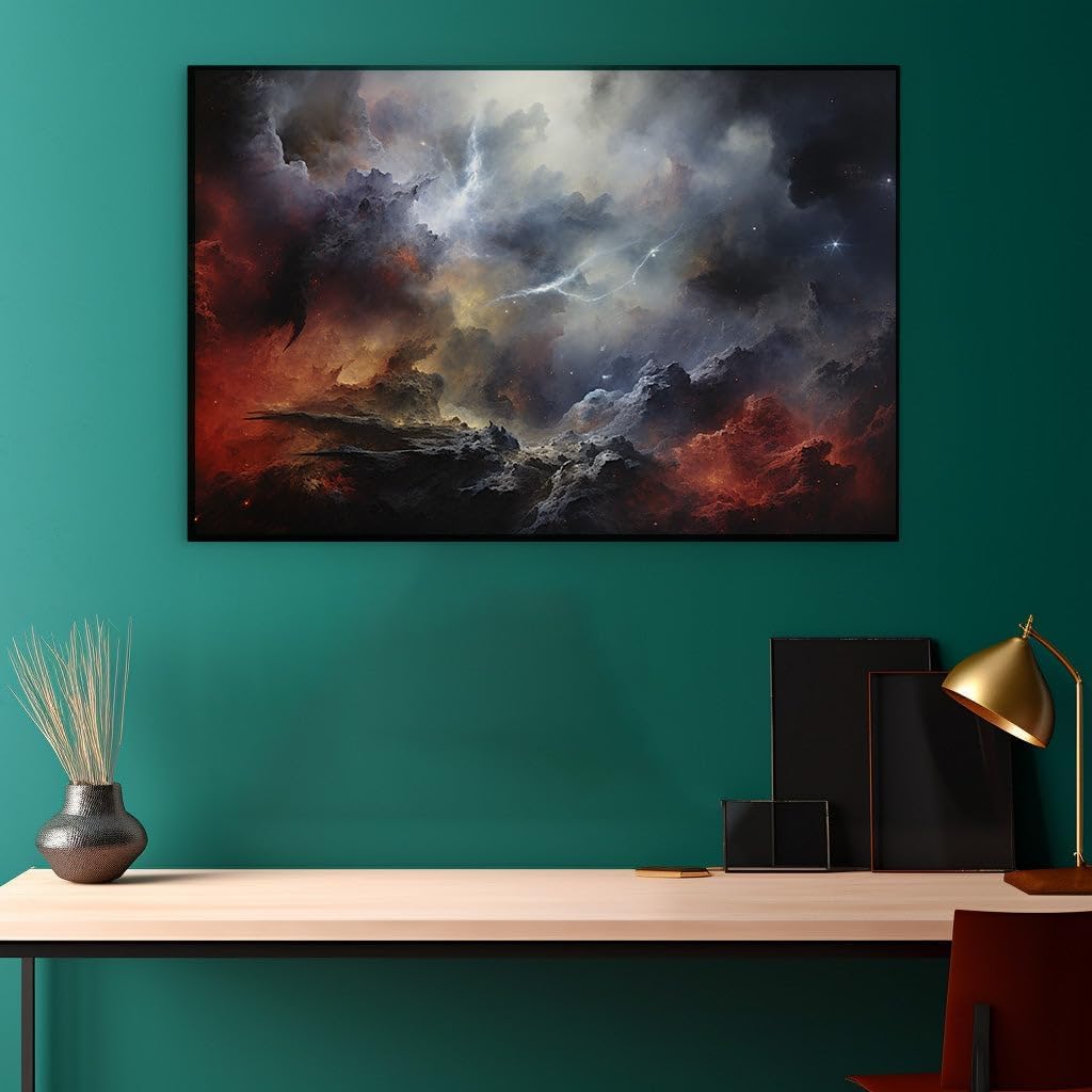 Canvas for Living room. Illuminating the Cosmos: A Vivid Journey Through a Lightning-Struck Space Terrain, 27 x 18 inch Canvas Wall Art - Cosmic Home Decor