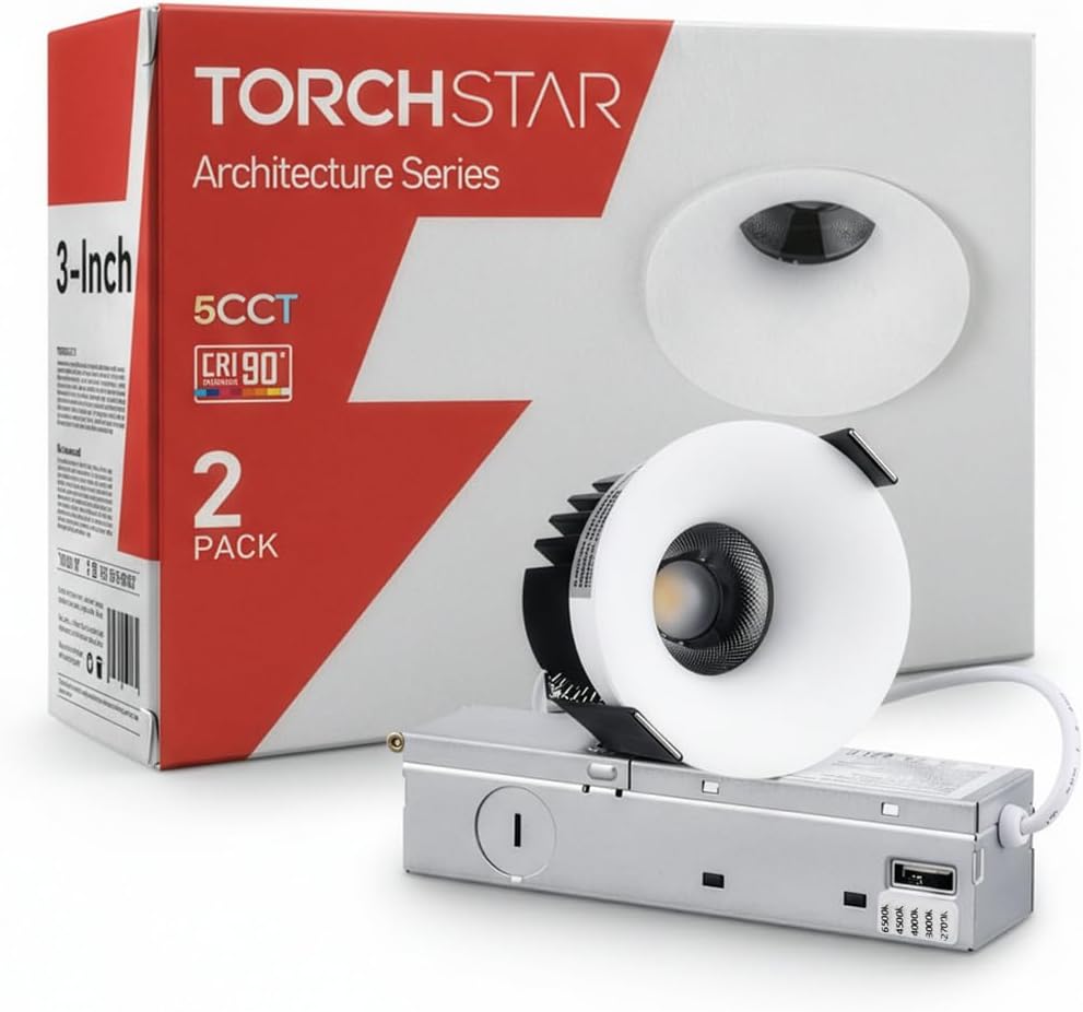TORCHSTAR 5CCT Trimless 3 Inch LED Recessed Light, 12W 3 Inch Canless Dimmable LED Downlights with Junction Box, Curve Recessed Downlight, 2700K/3000K/4000K/4500K/6500K Selectable, CRI 90, Pack of 2