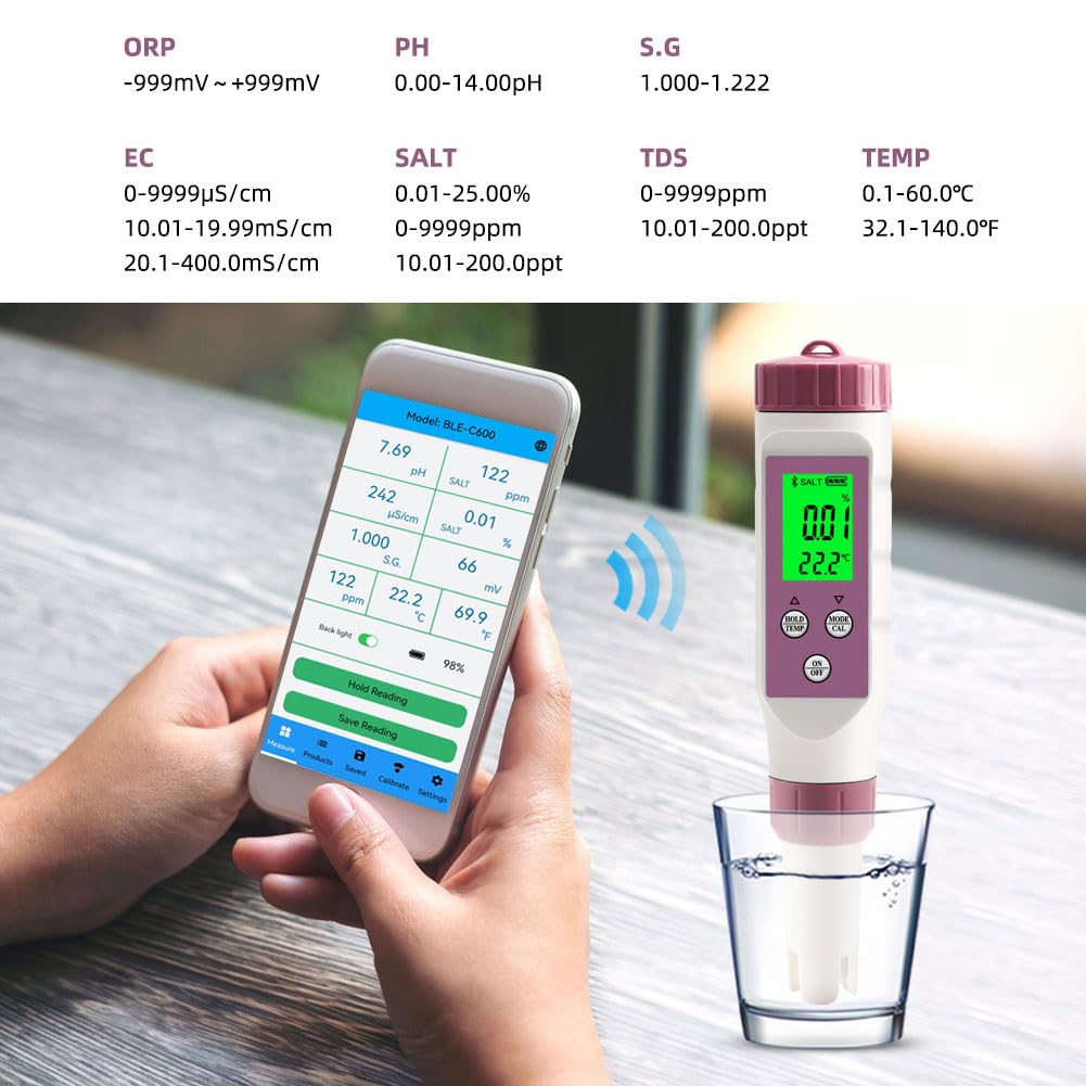 Bolígrafo probador de calidad del agua, 7 en 1, medidor de pH/TDS/EC/ORP/S.G/salinidad/temperatura para agua potable, pecera, acuario, piscina, herramienta de prueba de alta precisión