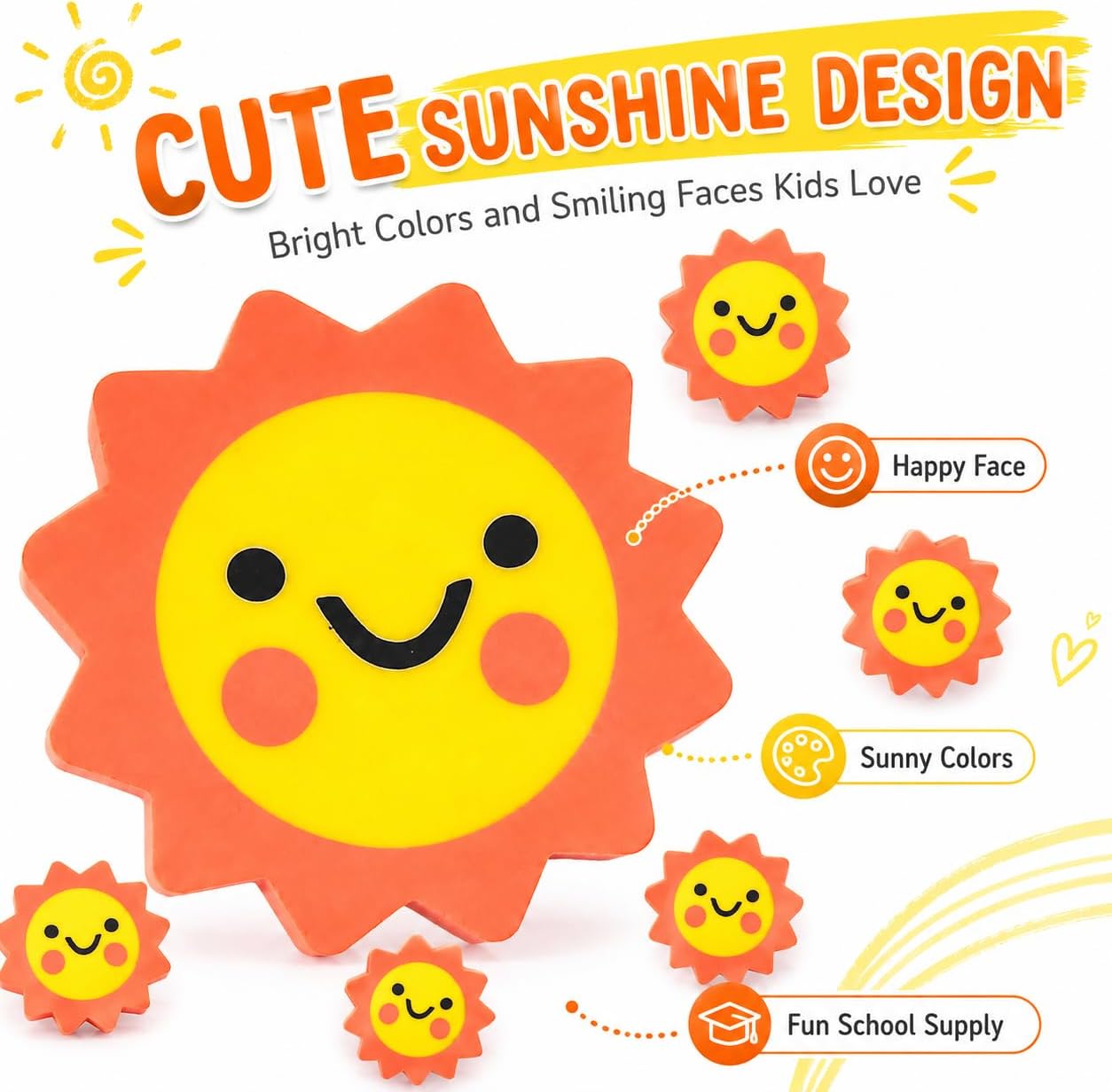 Tofficu 50 Pcs Sunshine Erasers, Cute Sun-Shaped Classroom Rewards image 5