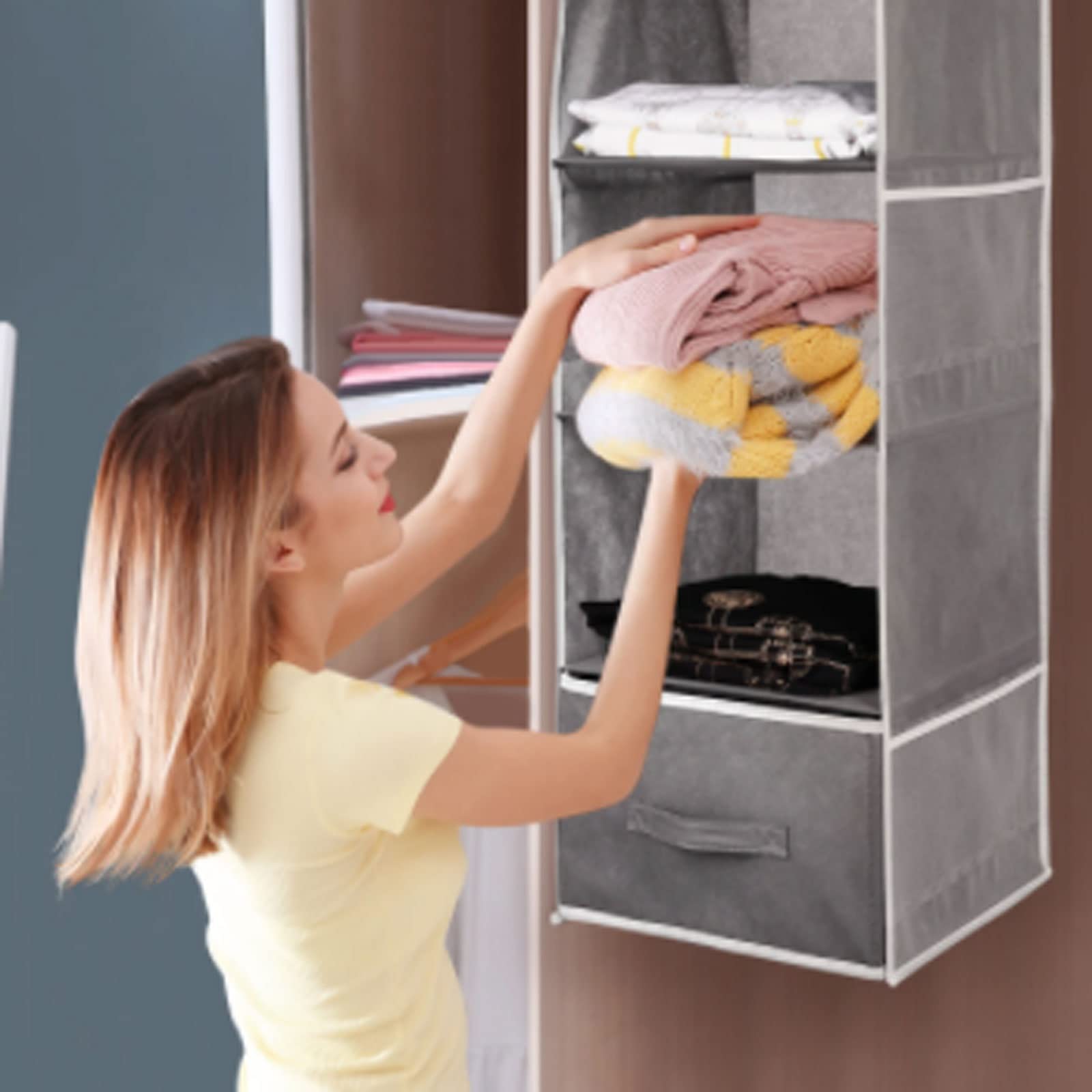 Appeso Armadio Armadio Organizzatore Non Tessuto Tessuto Multi-Strati Appeso Scaffale Aspettibile Organizzatore dell'Armadio con Tasca Laterale