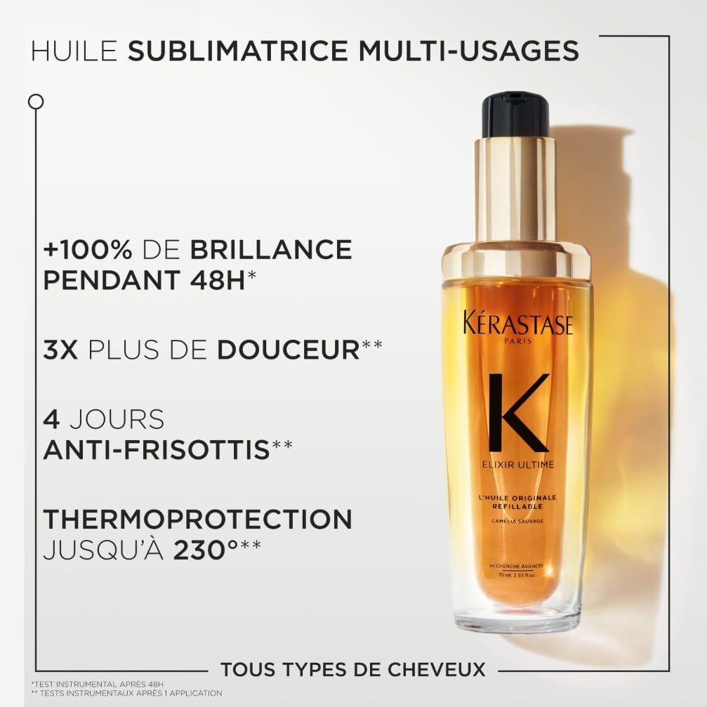 KÉRASTASE Nutritive & Élixir Ultime, Routine Nourrissante & Sublimatrice pour Cheveux Secs et Épais, Shampoing Bain Satin Riche (250 ml) + Huile Originale Rechargeable (75 ml)