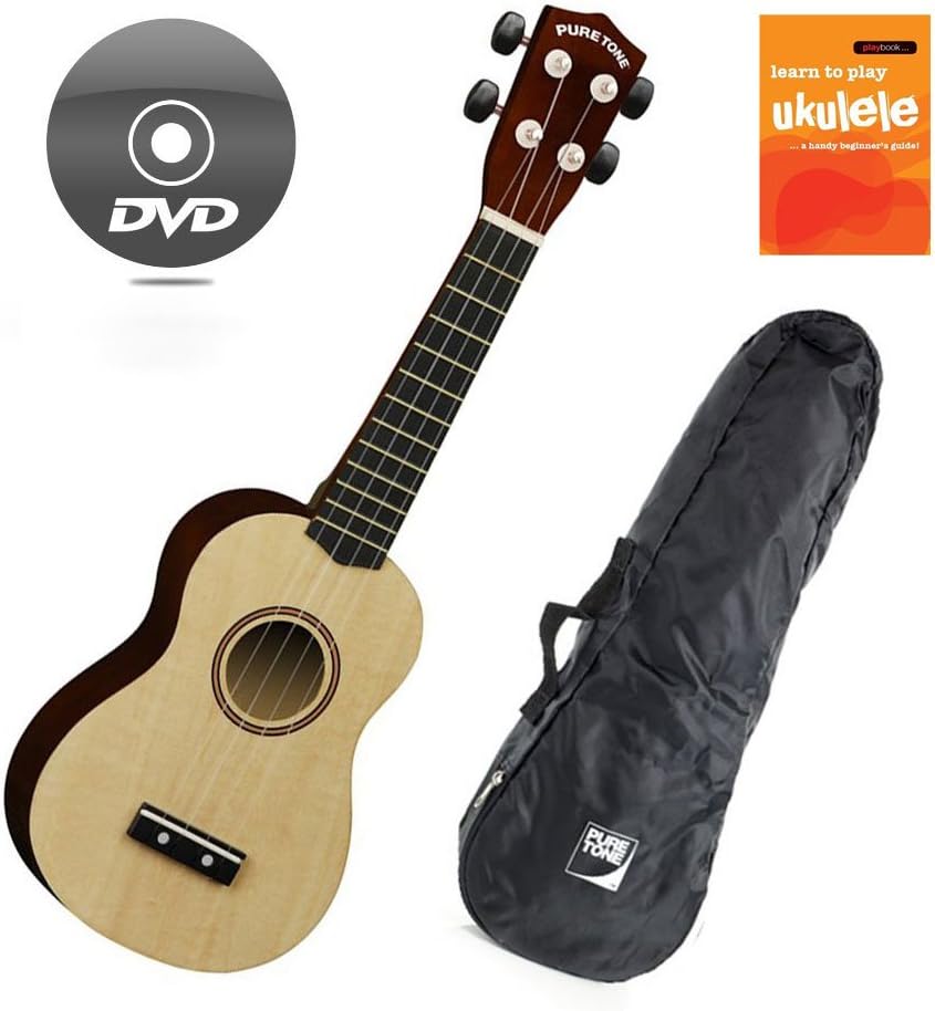 Natural Pure Tone Soprano Ukulele Pack with DVD Lessons Learn to Play Book and Soft Bag