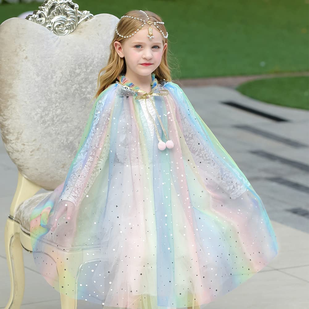 Mantello principessa bambina, mantello halloween bambino magica mantello Tulle con paillettes scintillanti scialle halloween principessa con bacchetta magica per ragazze 6-10 anni