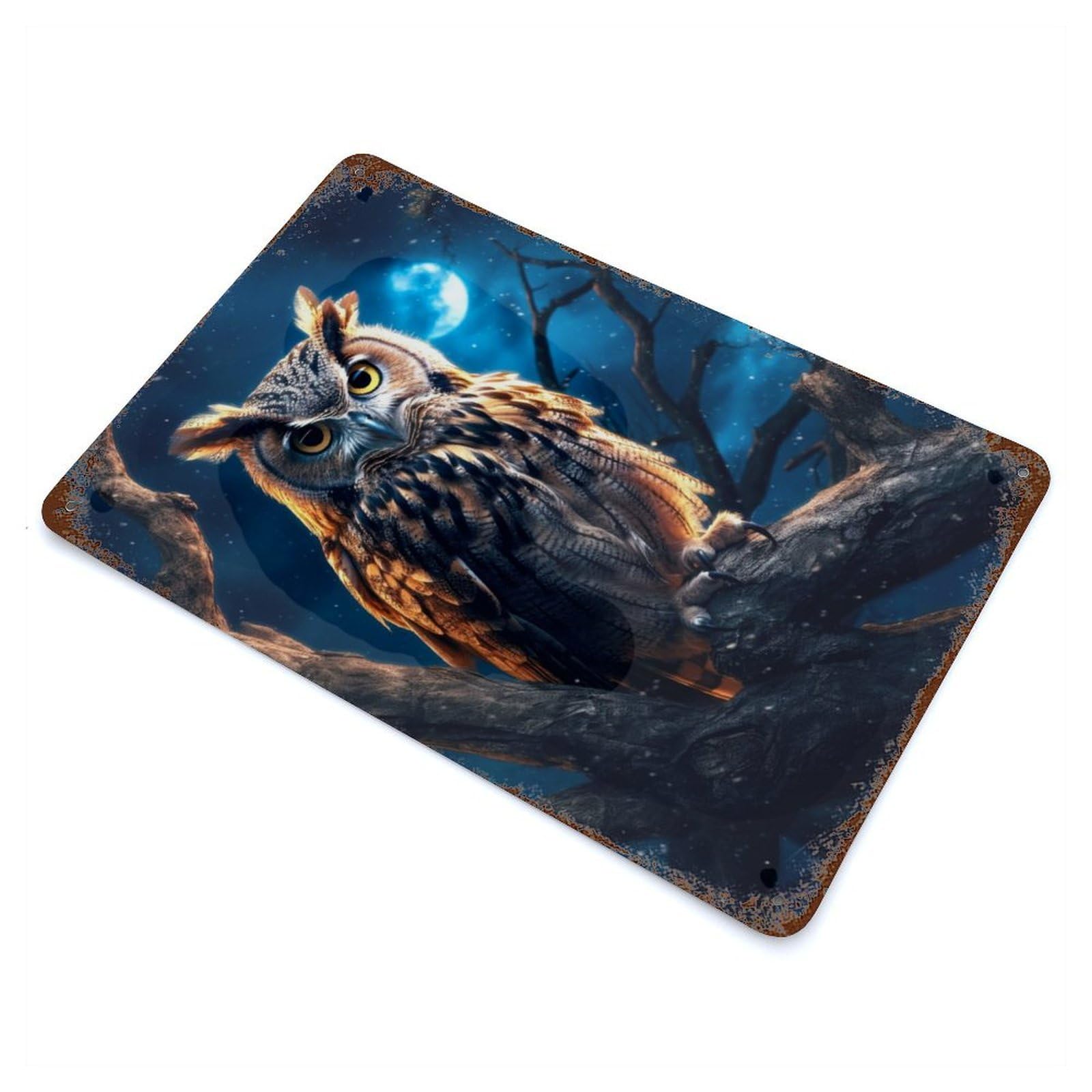 Owl in The Woods at Night Decorative Tin Sign 11.8"x7.9", Ideal for Garage, Bar And Workshop Decor