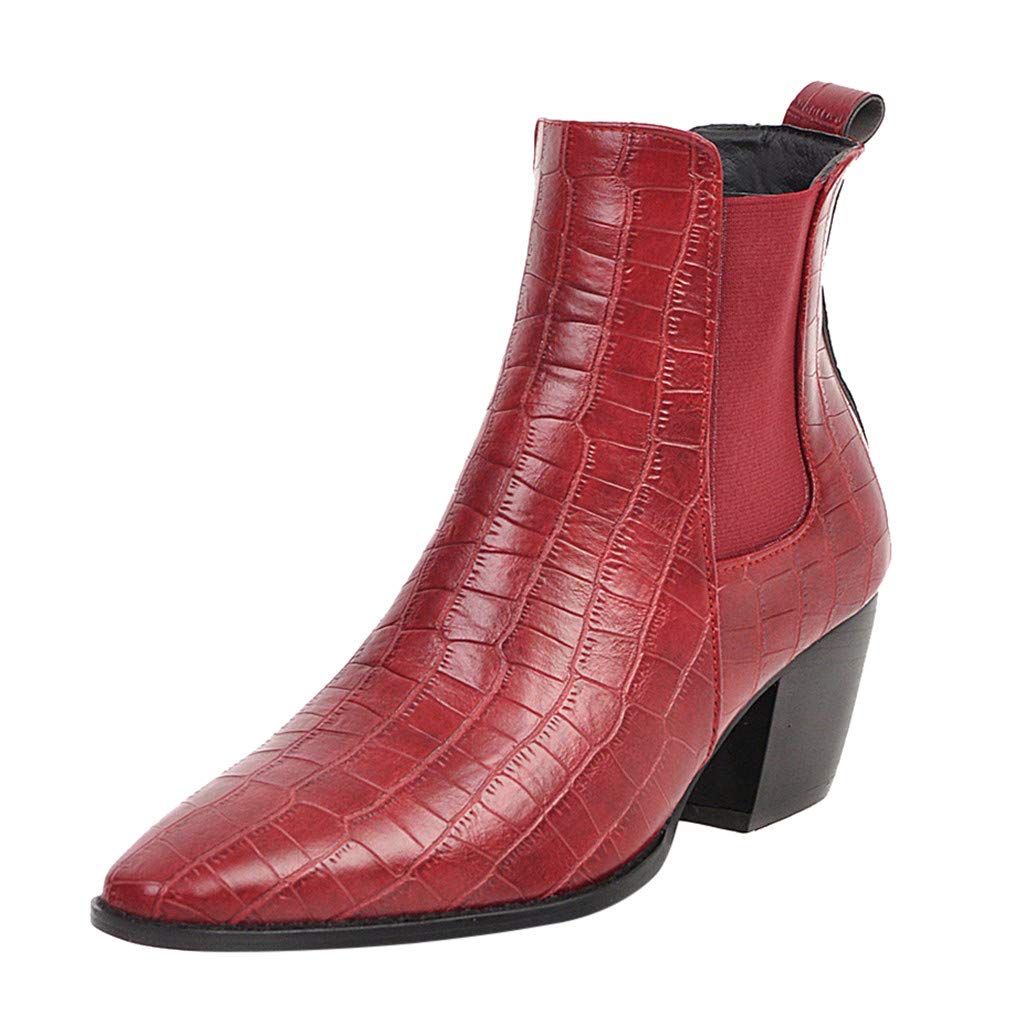 Scenxion Womens Ankle Boots Pointed Toe Block Mid High Heel Ladies Zip Up  Chelsea Booties Shoes Vintage Square Heels Slip-On Crocodile Pattern Short