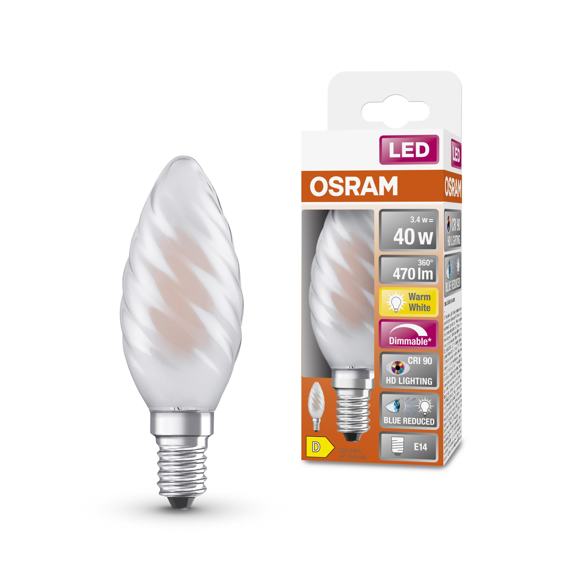 OSRAM Superstar dimmable LED lamp with Extra high Colour Rendering (CRI90), E14-base Frosted Glass,Warm White (2700K), 470 Lumen, 40W-Replacement, dimmable, 1-Pack