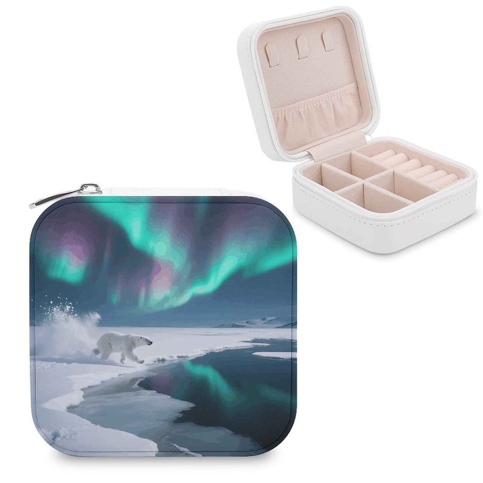 VstaDank Polar Bears Northern Lights Jewelry Box for Women Jewelry Organizer Storage Case with Zipper Mini Travel Jewelry Case Cute Trinket Organizer Leather Portable Jewelry Storage Box
