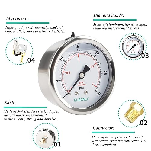 Miniatura 3 de ELECALL Manómetro de presión lleno de aceite de silicona de 30 psi para prueba de presión de agua, aceite y aire en bomba de piscina, filtro de