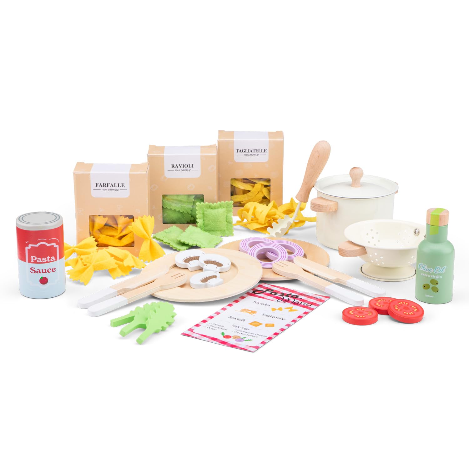 Woet Wooden Pasta Play Food Set – FSC Pretend Cooking Toy with Pots, Pans & Felt Pasta – Kids Dinner Set – Educational Kitchen Accessories, Imaginative Role Play Gift for Kids Age 3+
