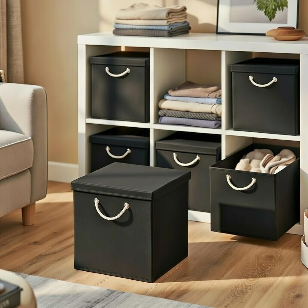 4er Set Schwarz Faltbox 30 x 30 x 30 cm Aufbewahrungsbox faltbar mit Kordel und mit Deckel