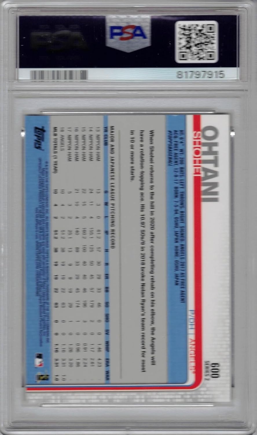 2019 Topps #600 Shohei Ohtani Baseball Card - Graded PSA 9 Mint | Topps All-Star Rookie