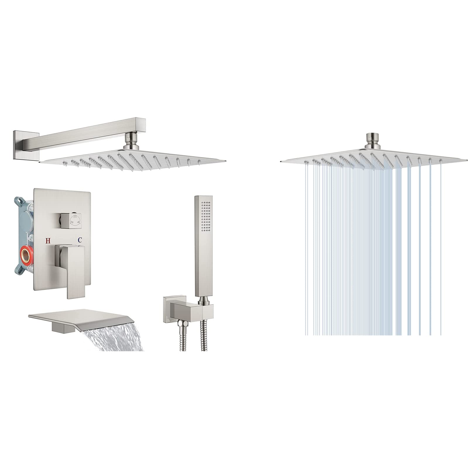 Hcfyauis 10 Inch Square Rainfall Shower System Brushed Nickel Tub Shower Faucet Set Matching With Brushed Nickel 10 Inch Square Rain Shower Head Stainless Steel High Pressure