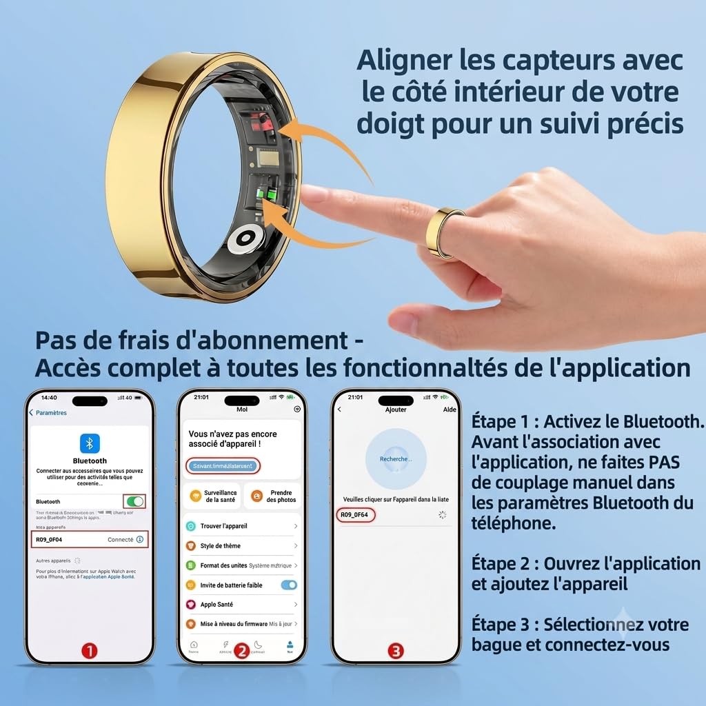 Bague Connectée Femme Homme, Smart Ring Fitness & Sommeil, Suivi Santé 5ATM | Bague connectée dorée, cycle menstruel, température cutanée, fréquence cardiaque, SpO₂, gestes intelligents, Sport, quotidien