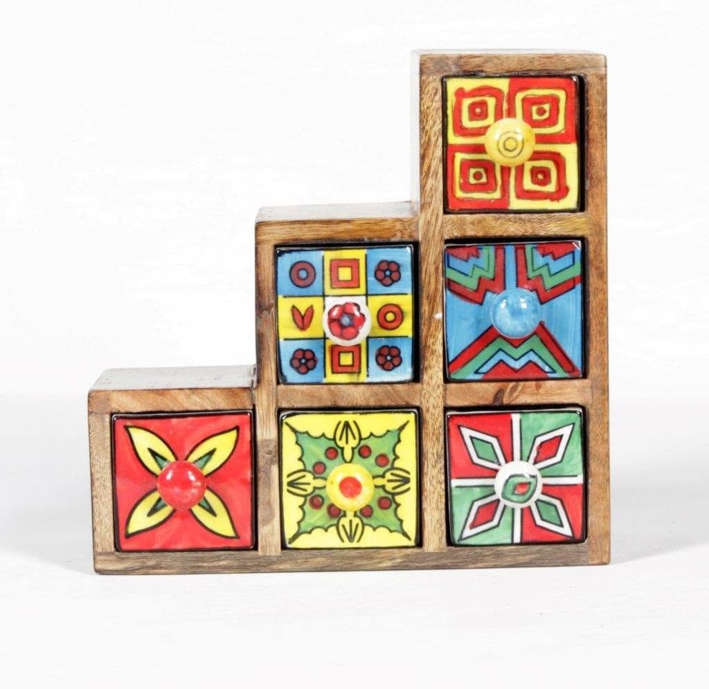 Acewood Wooden Chest with ceramic drawers for Jewellery Storage/Desk Organizer/wooden table top chest/kitchen counter top for spices and tea bags Diwali gift/kids jewellery storage (21x8x21cm)