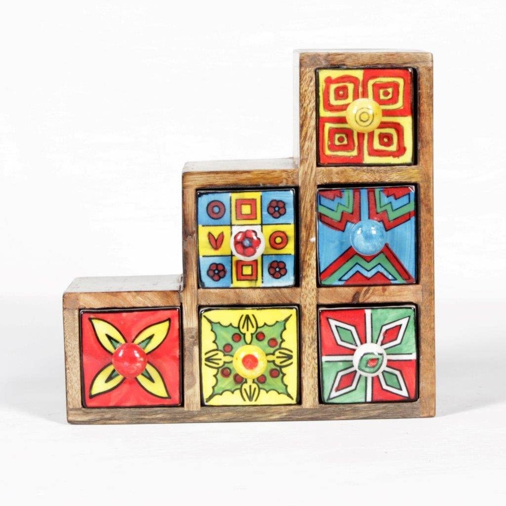 Acewood Wooden Chest with ceramic drawers for Jewellery Storage/Desk Organizer/wooden table top chest/kitchen counter top for spices and tea bags Diwali gift/kids jewellery storage (21x8x21cm)