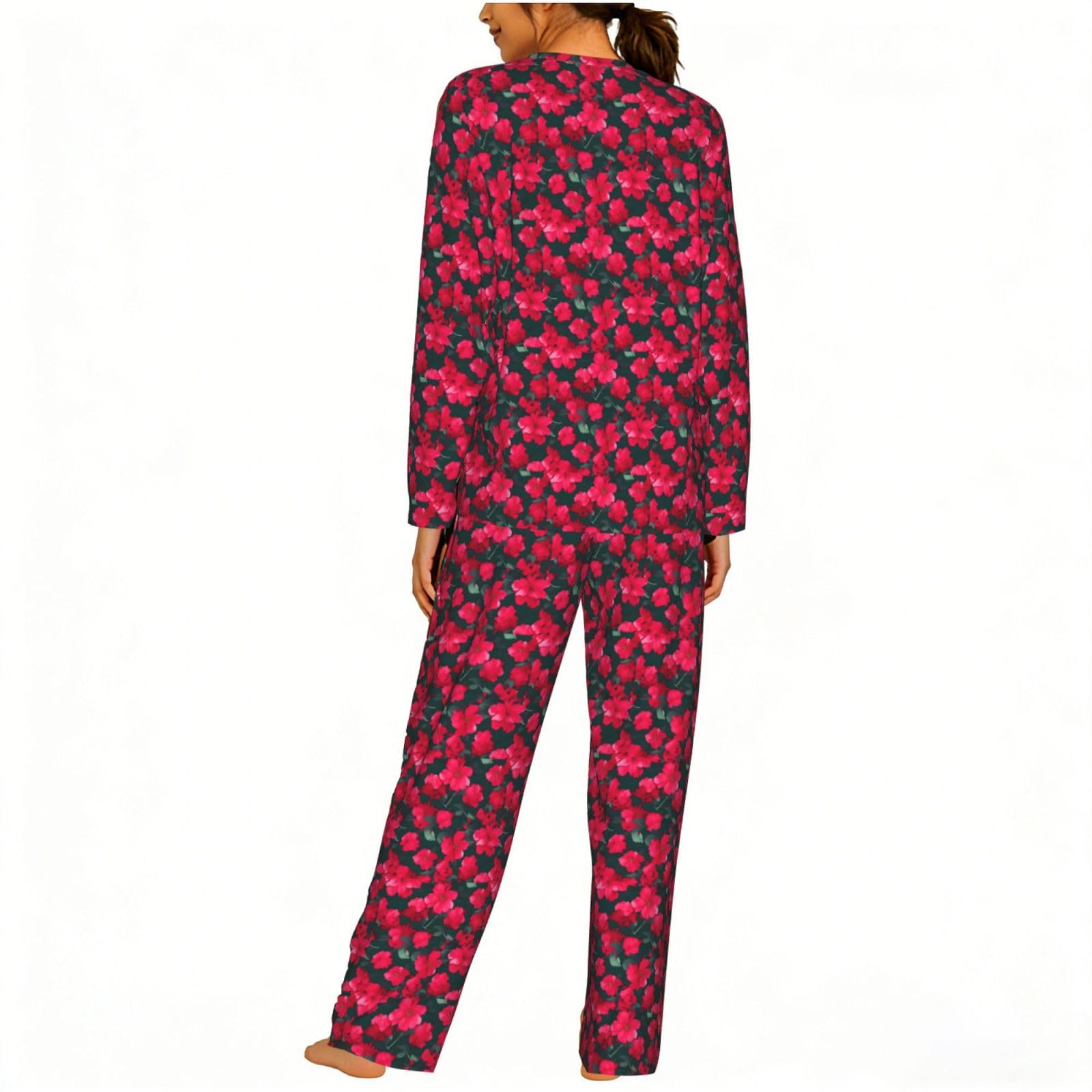 Pigiama da donna a maniche lunghe con stampa floreale rosa rosso e rosa, ideale per vacanze e yoga, uscite casual, comodo regalo